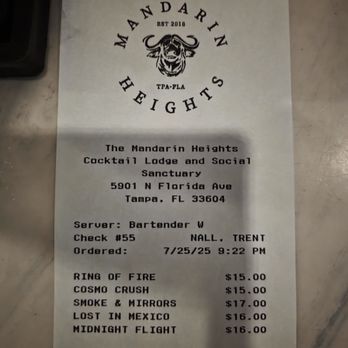 Mandarin Heights - 2025-7-25 Receipt - Cocktail Bars Near Me - Tampa, Florida