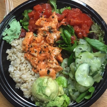 Poki Star - Base: half brown rice, half salad. Protein: spicy tuna, shrimp. Toppings: avocado, cucumber, wasabi .Sauces: volcano II and spicy mayo. - Hawaiian Near Me - Huntington Beach, California Poki Star - Base: half brown rice, half salad. Protein: spicy tuna, shrimp. Toppings: avocado, cucumber, wasabi .Sauces: volcano II and spicy mayo. - Hawaiian Near Me - Huntington Beach, California