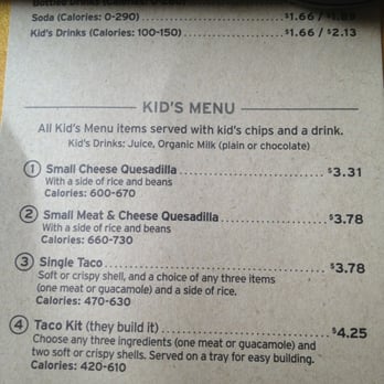 Chipotle Mexican Grill - Here's a picture of the "Kids Menu" options--these aren't listed on the main board above the food station/registers. - Mexican Near Me - Severna Park, Maryland