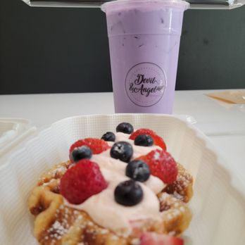 Devil & Angel Desserts - Taro drink with waffle, berries and sweet cream - Ice Cream & Frozen Yogurt Near Me - Folsom, California Devil & Angel Desserts - Taro drink with waffle, berries and sweet cream - Ice Cream & Frozen Yogurt Near Me - Folsom, California