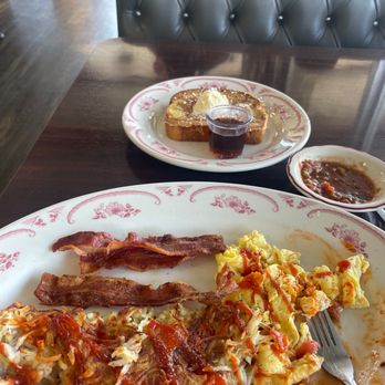 Henri's Cafe - french toast with bacon eggs and hash I love the home made salsa - American Near Me - Oxnard, California