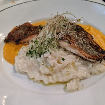 Gatsby's Landing - Grilled Sea Bass, creamy risotto. Excellent!! - New American Near Me - Roslyn, New York