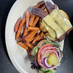 Southern Fusion Dining - Grilled Chicken Sandwich and sweet potato fries.