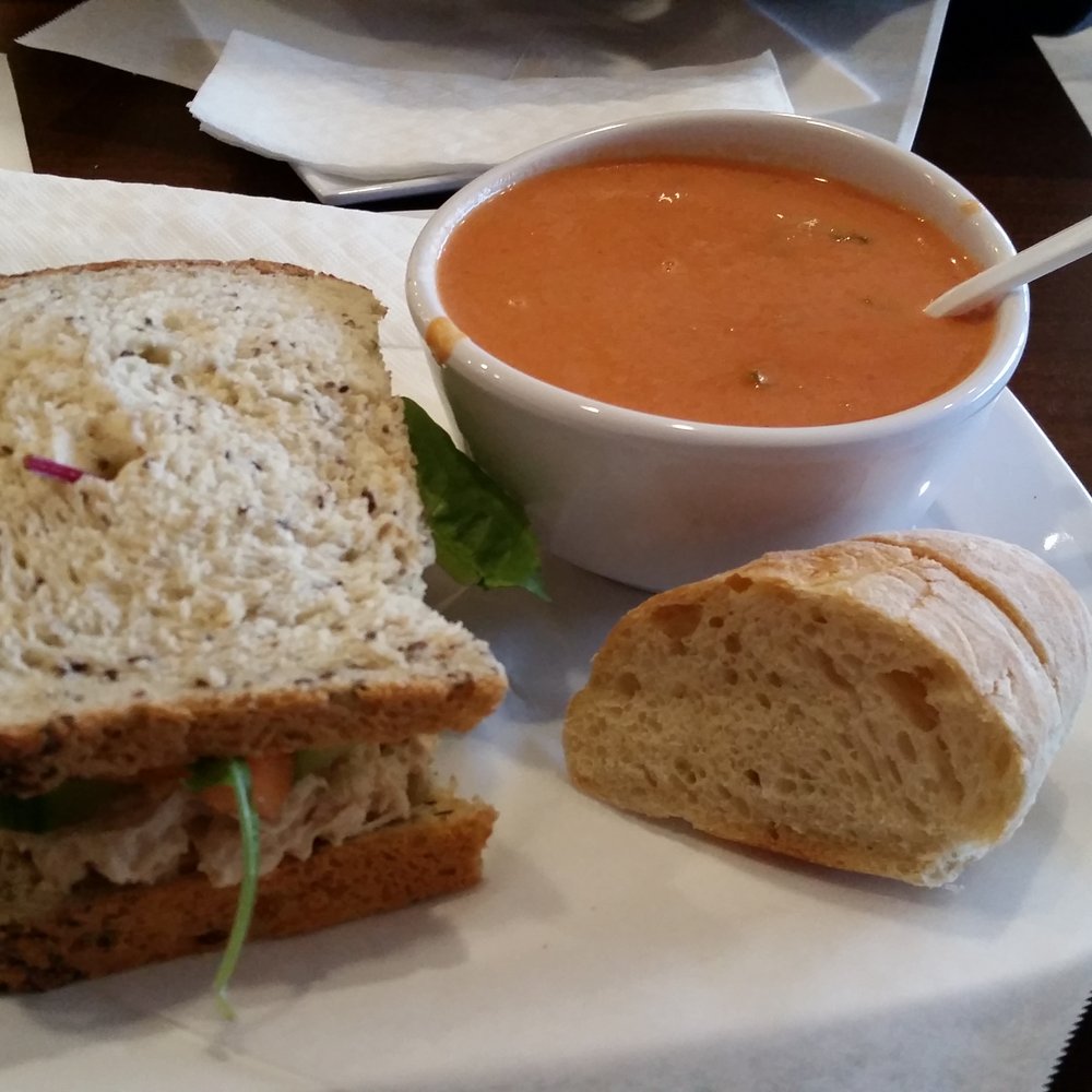Millstone Bakery - 1/2 Chicken Salad Sandwich w/Tomato soup & fresh side of bread. Delish! - Bakeries Near Me - Plano, Texas