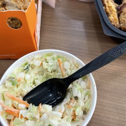 Popeyes Louisiana Kitchen - I Got The Four Piece Chicken With Coleslaw And Mashed Potatoes And Cajun Gravy With A Biscuit And Six Piece Honey BBQ Chicken Wings.