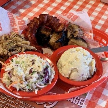 Red State BBQ - Three Meat Plate: pulled pork, sausage & double smoked brisket. Sides of Cole slaw and potato salad - Barbeque Near Me - Lexington, Kentucky