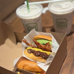 Shake Shack Willow Place - ShackBurger, Avocado Bacon Burger, and two Cookies and Cream Shakes