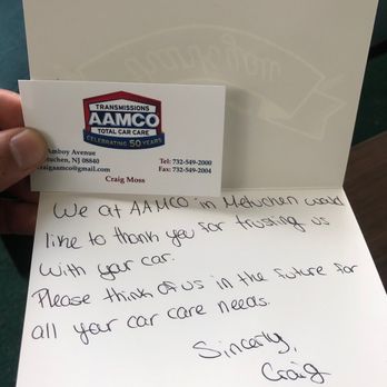 AAMCO Transmissions & Total Car Care - Thank you card from AAMCO. - Oil Change Stations Near Me - Metuchen, New Jersey AAMCO Transmissions & Total Car Care - Thank you card from AAMCO. - Oil Change Stations Near Me - Metuchen, New Jersey