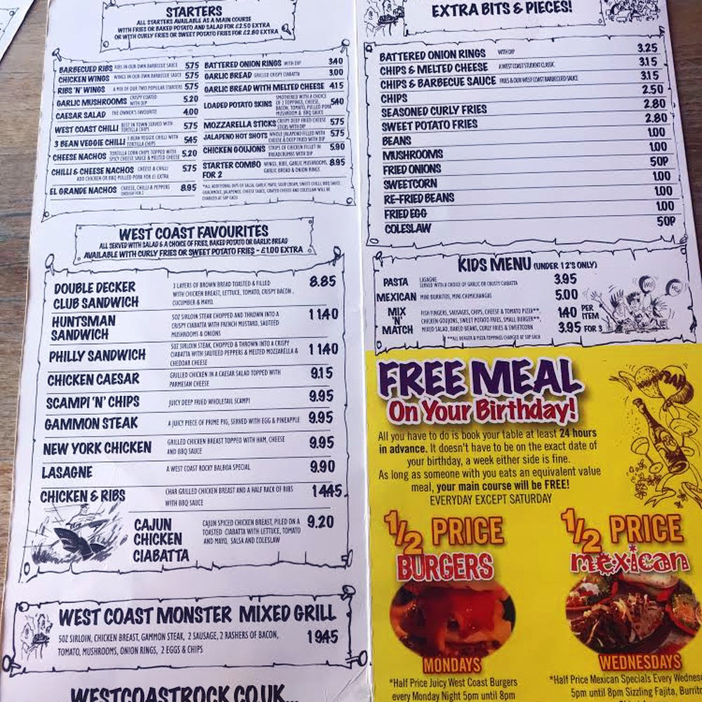 West Coast Rock Cafe - Menu - Tex-Mex Near Me - Blackpool, LAN