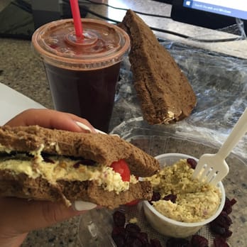 Juice-C-Juice - Chicken salad with squaw bread, cherry tomatoes, dried cranberries, and a medium Daily Dose! - Juice Bars & Smoothies Near Me - Carson, California Juice-C-Juice - Chicken salad with squaw bread, cherry tomatoes, dried cranberries, and a medium Daily Dose! - Juice Bars & Smoothies Near Me - Carson, California