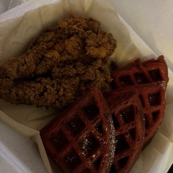 Hill’s Chicken And Waffle - Fried chicken breast with red velvet waffles - Waffles Near Me - Edgewater, Florida