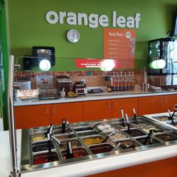 Orange Leaf Frozen Yogurt - Topping bar. Nuts, Bobo balls, cheesecake bites, cherries, chocolate chips and much more.