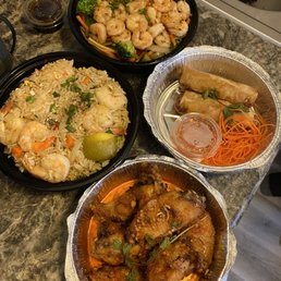 Chicken wings, veggie rolls, Pineapple Fried Rice