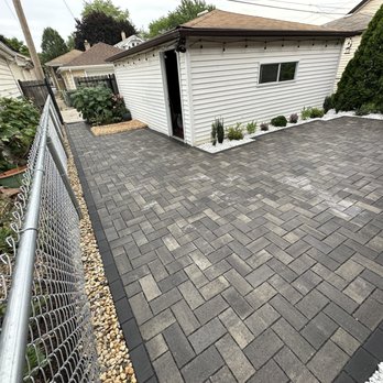 B&B Landscaping Services - Complete landscape redesign. Permeable paver patio herringbone pattern with white marble rock finish - Landscaping Near Me B&B Landscaping Services - Complete landscape redesign. Permeable paver patio herringbone pattern with white marble rock finish - Landscaping Near Me