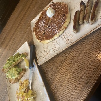 First Watch - Avocado Toast with scrambled eggs, Multigrain Pancakes (carrot cake flavor) with Turkey Sausage - Breakfast & Brunch Near Me - Hoover, Alabama