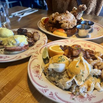 Plain Jane - Coastal Benedict (front), classic Benedict and chicken and waffles in the back - Breakfast & Brunch Near Me - San Francisco, California