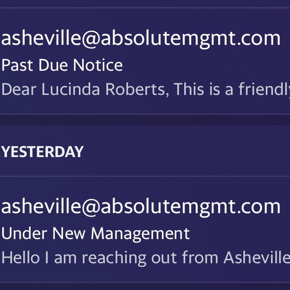 MyPlace Self Storage - The 1st email came at 1318 re: new management please call to update payment info and the next email at 4a with late fees - Self Storage Near Me - Asheville, North Carolina MyPlace Self Storage - The 1st email came at 1318 re: new management please call to update payment info and the next email at 4a with late fees - Self Storage Near Me - Asheville, North Carolina