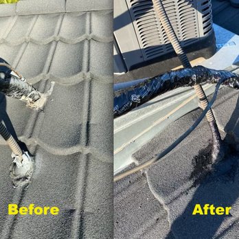 Niko Help - NikoHelp did a fantastic job with my roof repair. - The image features two side-by-side photos of HVAC wiring on a roof, with the left labeled 'Before' showing damaged or worn wiring, and the right labeled 'After' displaying repaired or replaced wiring. Both images focus on the wiring connections near HVAC units, with roofing shingles visible in the background. The 'Before' photo shows frayed and damaged insulation, while the 'After' photo shows new, secured wiring with protective insulation. The images highlight the work done to improve the wiring's condition and safety. - Plumbing Near Me