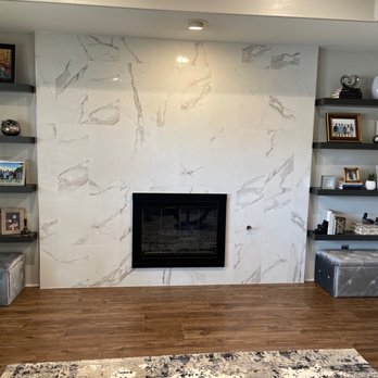 All American Flooring - New fireplace, tile floor, and wood shelves. - Flooring Near Me - Dallas, Texas