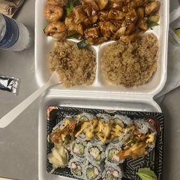 Sushi and hibachi chicken with fried rice. Sushi and hibachi chicken with fried rice.