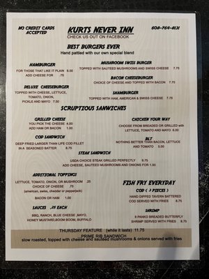 Menu photo 1 Kurt's Never Inn Tavern Deerfield, WI