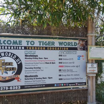 Tiger World - Entrance sign. Hours and admission info. - Zoos Near Me - Rockwell, North Carolina Tiger World - Entrance sign. Hours and admission info. - Zoos Near Me - Rockwell, North Carolina