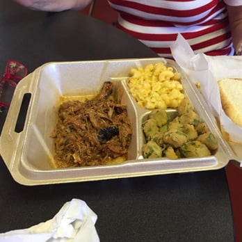 K & J Rib Shack - Pulled pork with okra and mac 'n cheese. - Steakhouses Near Me - Montgomery, Alabama K & J Rib Shack - Pulled pork with okra and mac 'n cheese. - Steakhouses Near Me - Montgomery, Alabama