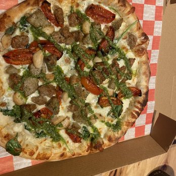 Pizza Rox - Hot-Line Bling---mozzarella,Italian sausage,meatballs,tomatoes,spinach,garlic,pesto drizzle - Pizza Near Me - Boynton Beach, Florida Pizza Rox - Hot-Line Bling---mozzarella,Italian sausage,meatballs,tomatoes,spinach,garlic,pesto drizzle - Pizza Near Me - Boynton Beach, Florida