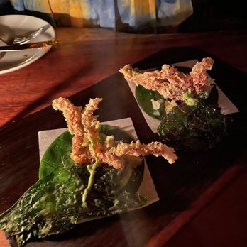 ARCA - Soft shell crab in amaranth tempura tacos, grosella and pickled habanero salsa, hoja santa emulsion, grilled hoja santa. - Cocktail Bars Near Me - Tulum, ROO ARCA - Soft shell crab in amaranth tempura tacos, grosella and pickled habanero salsa, hoja santa emulsion, grilled hoja santa. - Cocktail Bars Near Me - Tulum, ROO