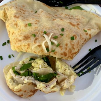 Crepe Daddy - "Early Birdy" savory crepe-- scrambled eggs, oven-roast turkey, Monterey Jack cheese & spinach add-on. - Waffles Near Me - Ocean City, Maryland Crepe Daddy - "Early Birdy" savory crepe-- scrambled eggs, oven-roast turkey, Monterey Jack cheese & spinach add-on. - Waffles Near Me - Ocean City, Maryland
