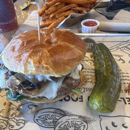 Mushroom Swiss Burger, and Sweet Potato Fries Mushroom Swiss Burger, and Sweet Potato Fries