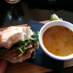 Rusty Edge - Burger half gone and soup. Good burger