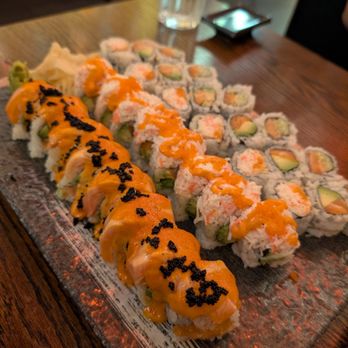 Hamachi 34 - Front to back: Sex on the Beach roll, Hot Girl Roll, Spicy Snowcrab, Salmon Avo, Salmon Cucumber - Japanese Near Me - New York, New York