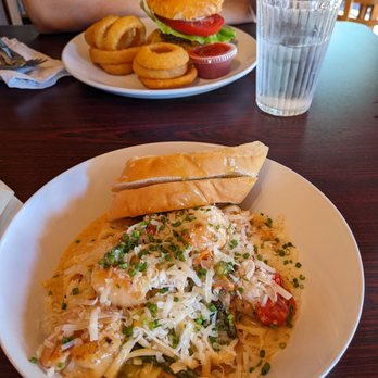 Ice Jam Inn - Creamy shrimp linguine w asparagus. Ice Jam burger in the background. - Burgers Near Me - Upper Jay, New York Ice Jam Inn - Creamy shrimp linguine w asparagus. Ice Jam burger in the background. - Burgers Near Me - Upper Jay, New York