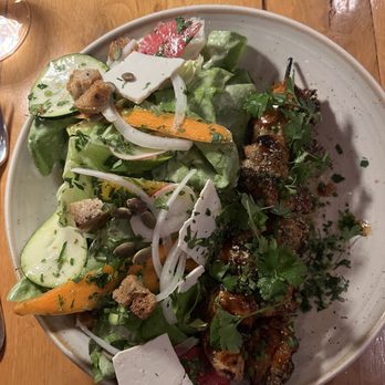 TAVERNA - Chicken skewers with a soaked salad. - Greek Near Me - Palo Alto, California