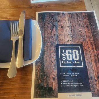 TWO60 Kitchen + Bar - Menu and table setting - New American Near Me - Fairfield, California