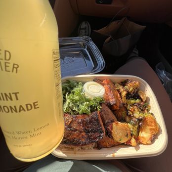 Naked Farmer - Mint Lemonade, BYO Salmon, Roasted Sweet Potatoes GF-V, Chili Garlic Brussels Sprouts, Brown Rice with Parsley, Large Catering - New American Near Me - Charlotte, North Carolina Naked Farmer - Mint Lemonade, BYO Salmon, Roasted Sweet Potatoes GF-V, Chili Garlic Brussels Sprouts, Brown Rice with Parsley, Large Catering - New American Near Me - Charlotte, North Carolina