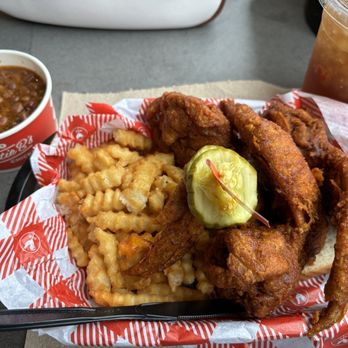 Hattie B's Hot Chicken - Birmingham - 3 wing combo (medium) with fries and beans - Sandwiches Near Me - Birmingham, Alabama