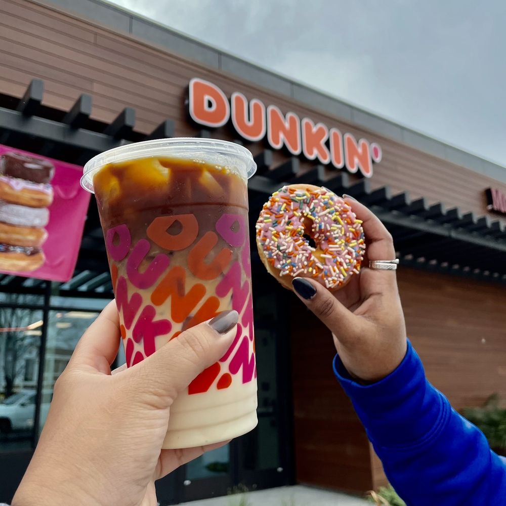 Dunkin' - Iced caramel macchiato and chocolate with sprinkles donut - Donuts Near Me - Sunnyvale, California Dunkin' - Iced caramel macchiato and chocolate with sprinkles donut - Donuts Near Me - Sunnyvale, California