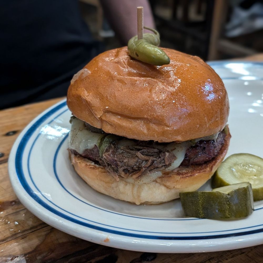 The Rustic - The Rustic Burger!! Has smoked brisket with the beef patty - New American Near Me - Dallas, Texas