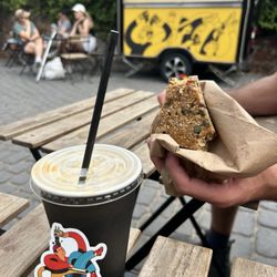 Steampunk Coffee - Latte and granola bar at the outside seating