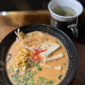 Arashi Ramen - Creamy veggie ramen ($13.75), hot green tea ($2.50) IG: @ohmyono - Ramen Near Me - Seattle, Washington Arashi Ramen - Creamy veggie ramen ($13.75), hot green tea ($2.50) IG: @ohmyono - Ramen Near Me - Seattle, Washington