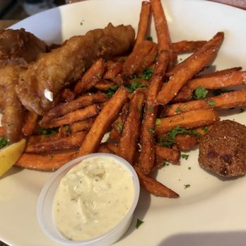 Fish City Grill - Fish & Chips with sweet potato fries and tartar sauce as well as malt vinegar - Seafood Near Me - San Antonio, Texas