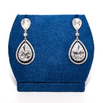 The Diamond Oak - 9.07 Carat Total weight Dangling Pear Shape Double Halo Diamond Earrings - Jewelry Near Me - New York, New York The Diamond Oak - 9.07 Carat Total weight Dangling Pear Shape Double Halo Diamond Earrings - Jewelry Near Me - New York, New York
