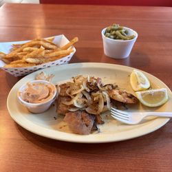Sam's Southern Eatery - My grilled shrimp and scallops with fried onions, French fries, and green beans.
