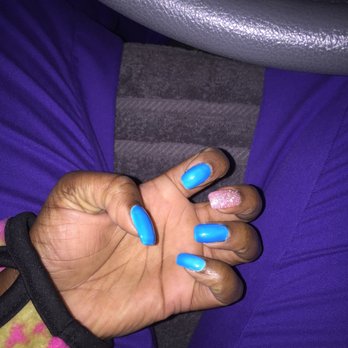 Nail 1st - Blue Gel with pink glitter on middle finger - Nail Salons Near Me - Raleigh, North Carolina Nail 1st - Blue Gel with pink glitter on middle finger - Nail Salons Near Me - Raleigh, North Carolina