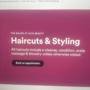 Ulta Beauty - This picture shows that all the haircuts include a cleanse condition and scalp massage and blow dry unless otherwise. - Cosmetics & Beauty Supply Near Me - Turlock, California Ulta Beauty - This picture shows that all the haircuts include a cleanse condition and scalp massage and blow dry unless otherwise. - Cosmetics & Beauty Supply Near Me - Turlock, California