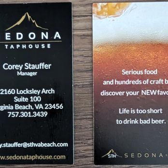Sedona Taphouse - This is the Business Card for one of the Managers.  Photo taken May 16, 2026. - New American Near Me - Virginia Beach, Virginia