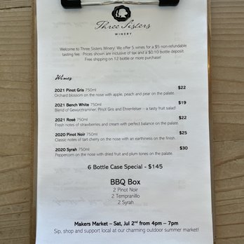 Three Sisters Winery - Wine tasting sheet - Wineries Near Me - Penticton, British Columbia