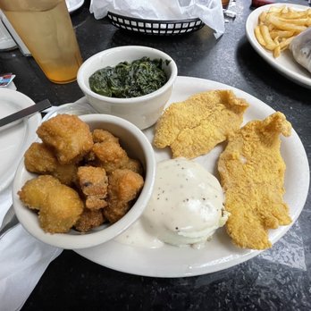 Blue Bonnet Cafe - Fried catfish, fried okra, mashed potatoes and spinach. - Desserts Near Me - Marble Falls, Texas Blue Bonnet Cafe - Fried catfish, fried okra, mashed potatoes and spinach. - Desserts Near Me - Marble Falls, Texas
